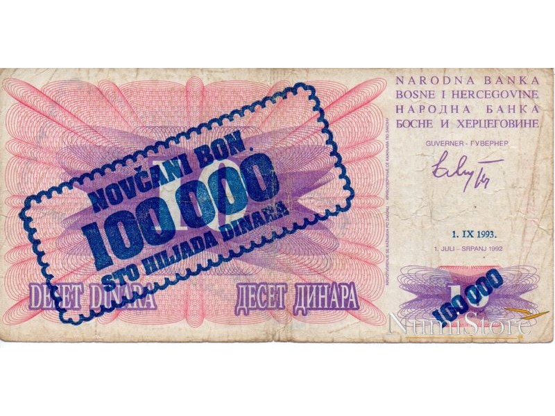 100 Mil Dinara 1993 (Resello sobre 10 Dinara 1992)