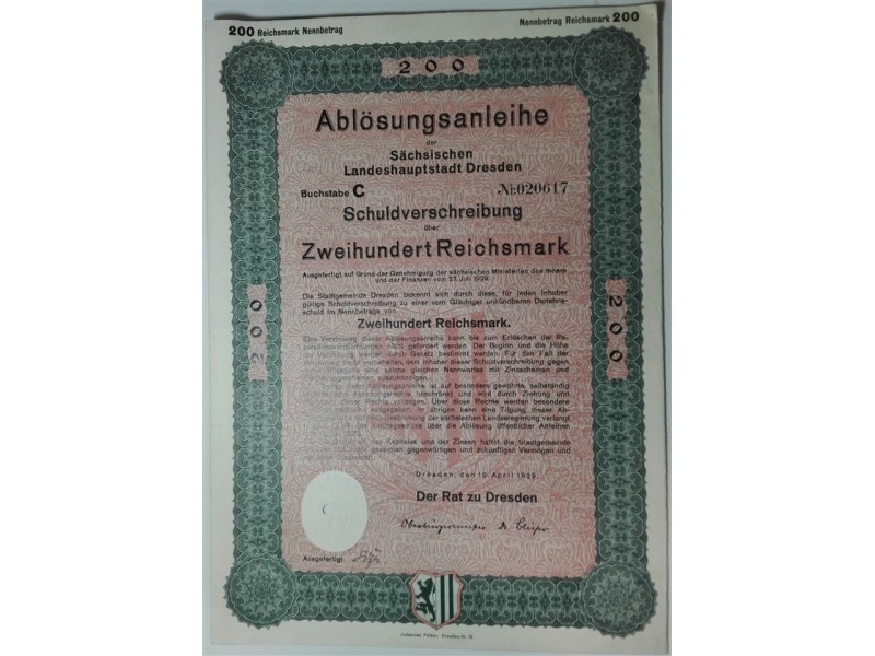 Bono (Auslosungsschein + Schuldverschreibung) 200 Reichsmark Imperio Aleman 1929