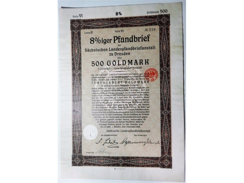 Fianza 8% (Pfandbrief)  500 Goldmark Dresden  Alemania 1928
