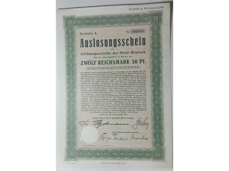 Bono (Auslosungsschein) 12,5 Reichsmark Rostock Alemania 1927