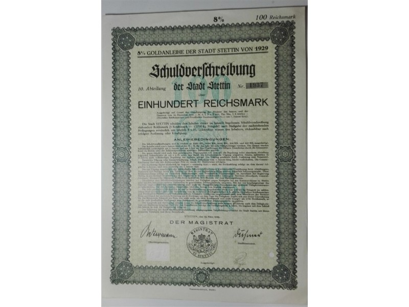 Bono (Schuldverschreibung)  100 Reichsmark Stettin Polonia (Ocupacion Alemana) 1929