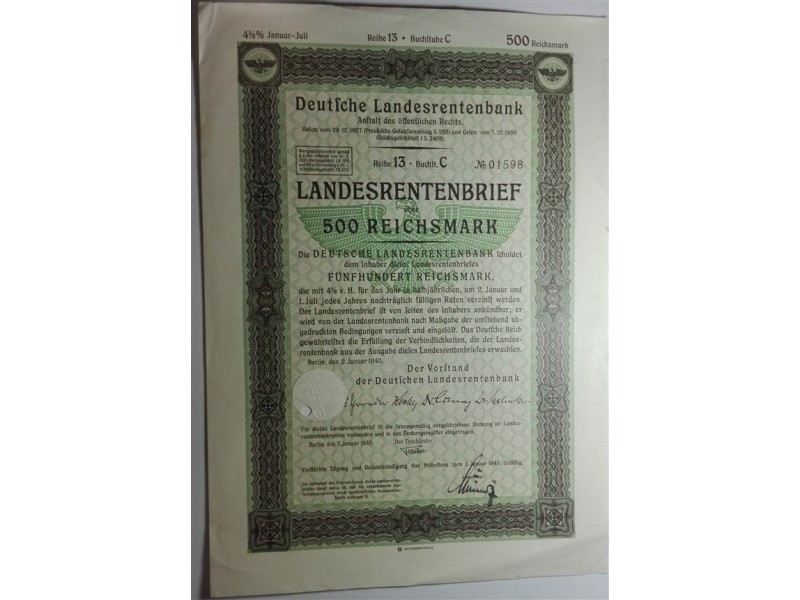 Bono / Pension (Landesrentenbrief) 500 Reichsmark Berlin Alemania 1940