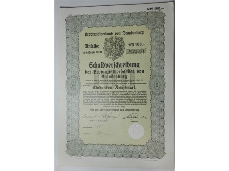Bono (Schuldverschreibung)  100 Reichsmark Berlin Alemania 1930
