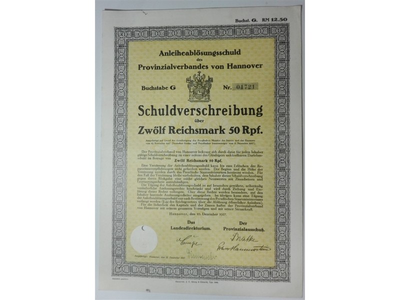 Bono (Schuldverschreibung) 12,50 Reichsmark Hannover Alemania 1927