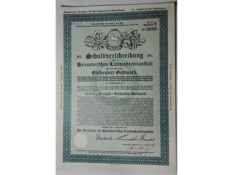 Bono (8% Schuldverschreibung) 100 GoldMark Hannover Alemania 1932