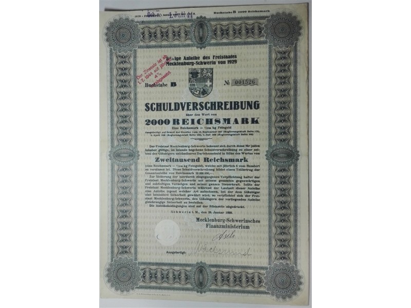 Bono (Schuldverschreibung)  2000 Reichsmark Schwerin Alemania 1929