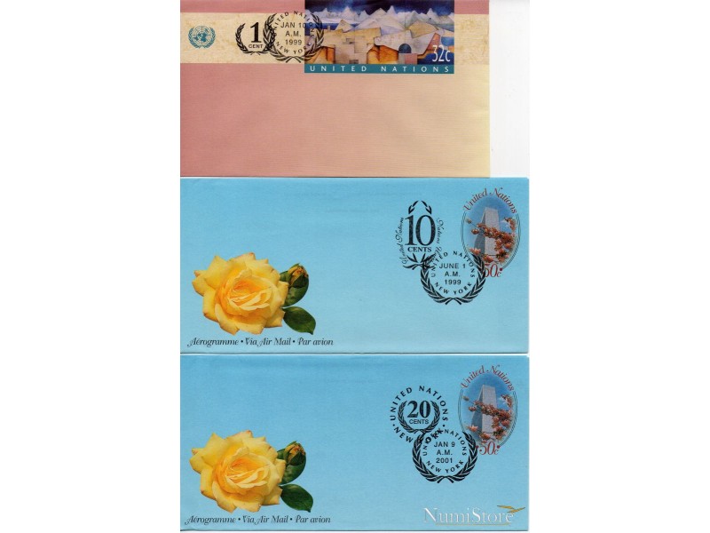 Set 3 Sobres 1,10,20 Cents Naciones Unidas (NY) 1999/2001